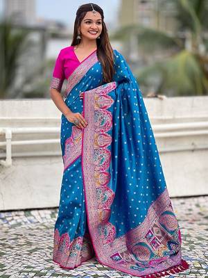 Blue ethnic motifs printed woven design border zari saree 1