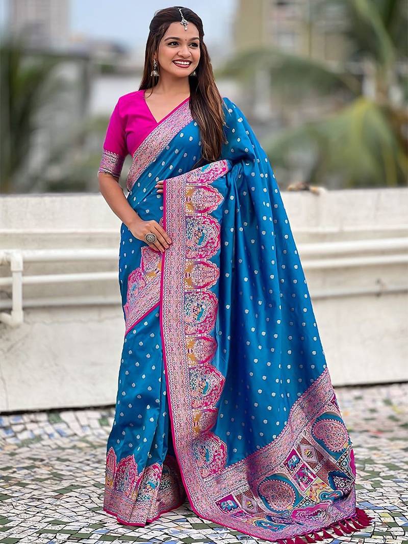 Blue ethnic motifs printed woven design border zari saree