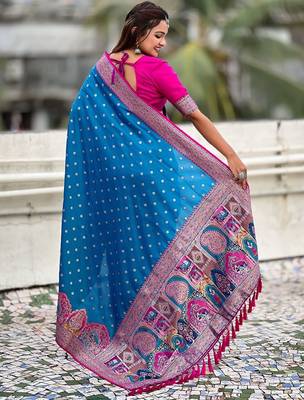 Blue ethnic motifs printed woven design border zari saree 2