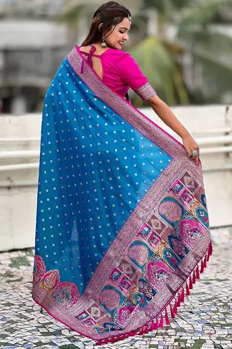 Blue ethnic motifs printed woven design border zari saree