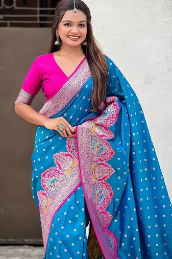 Blue ethnic motifs printed woven design border zari saree