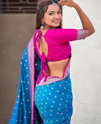 Blue ethnic motifs printed woven design border zari saree 4