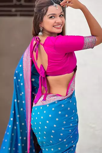 Blue ethnic motifs printed woven design border zari saree