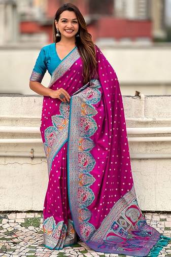 Magenta ethnic motifs woven design zari banarasi saree