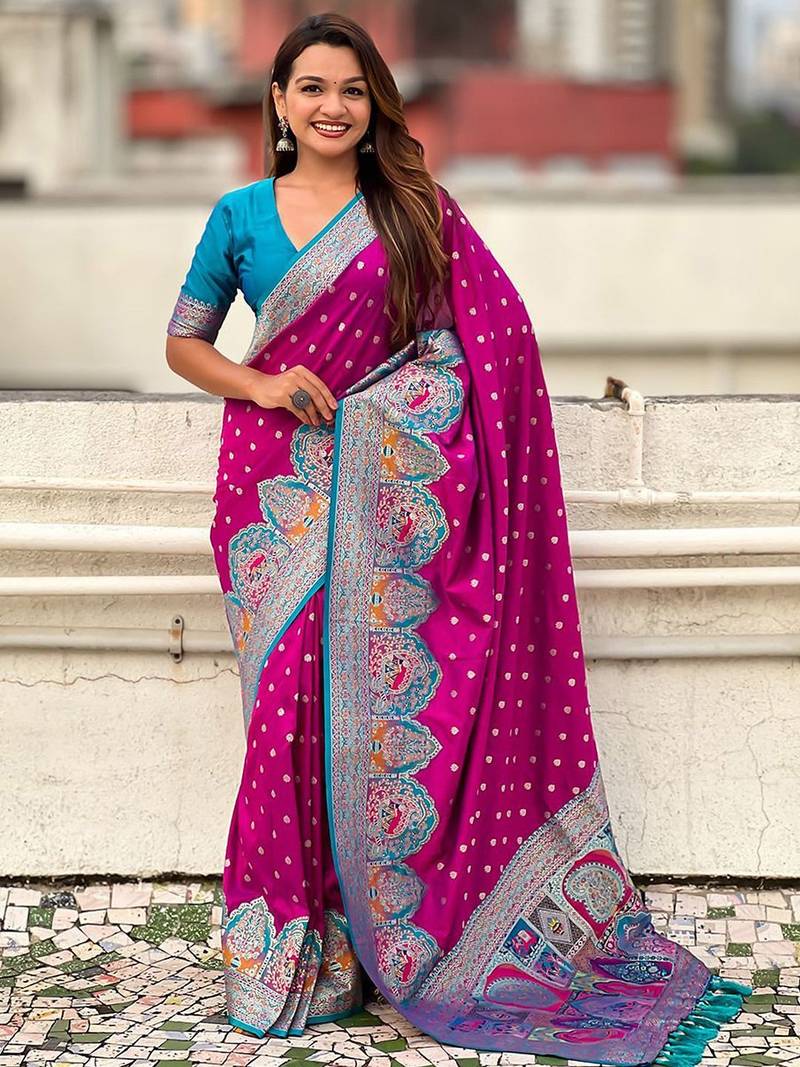 Magenta ethnic motifs woven design zari banarasi saree