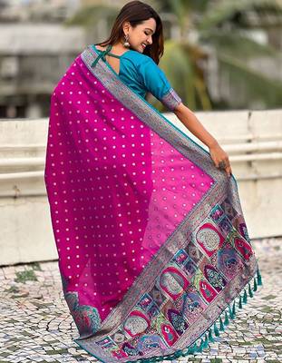 Magenta ethnic motifs woven design zari banarasi saree 2