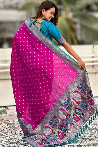 Magenta ethnic motifs woven design zari banarasi saree