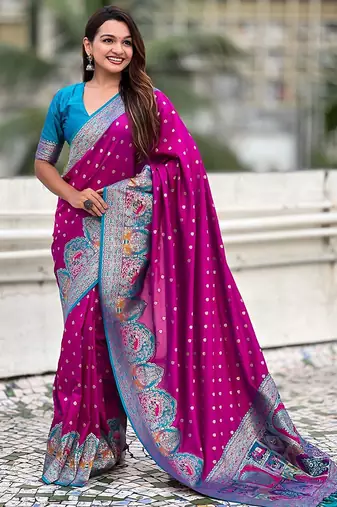 Magenta ethnic motifs woven design zari banarasi saree