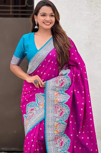 Magenta ethnic motifs woven design zari banarasi saree