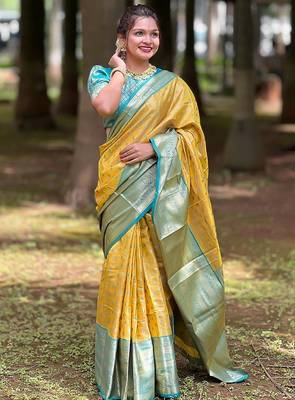 Yellow woven design zari silk blend kanjeevaram saree 1