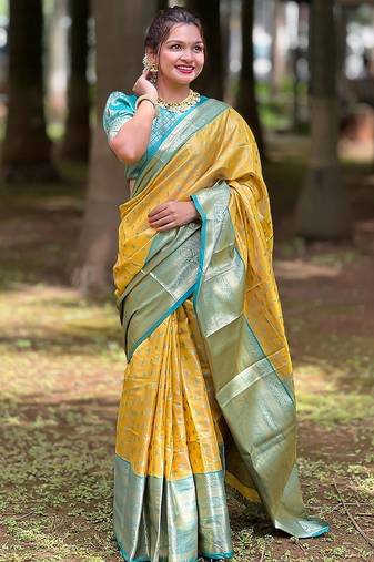 Yellow woven design zari silk blend kanjeevaram saree