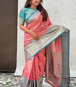 Peach woven design zari silk blend kanjeevaram saree