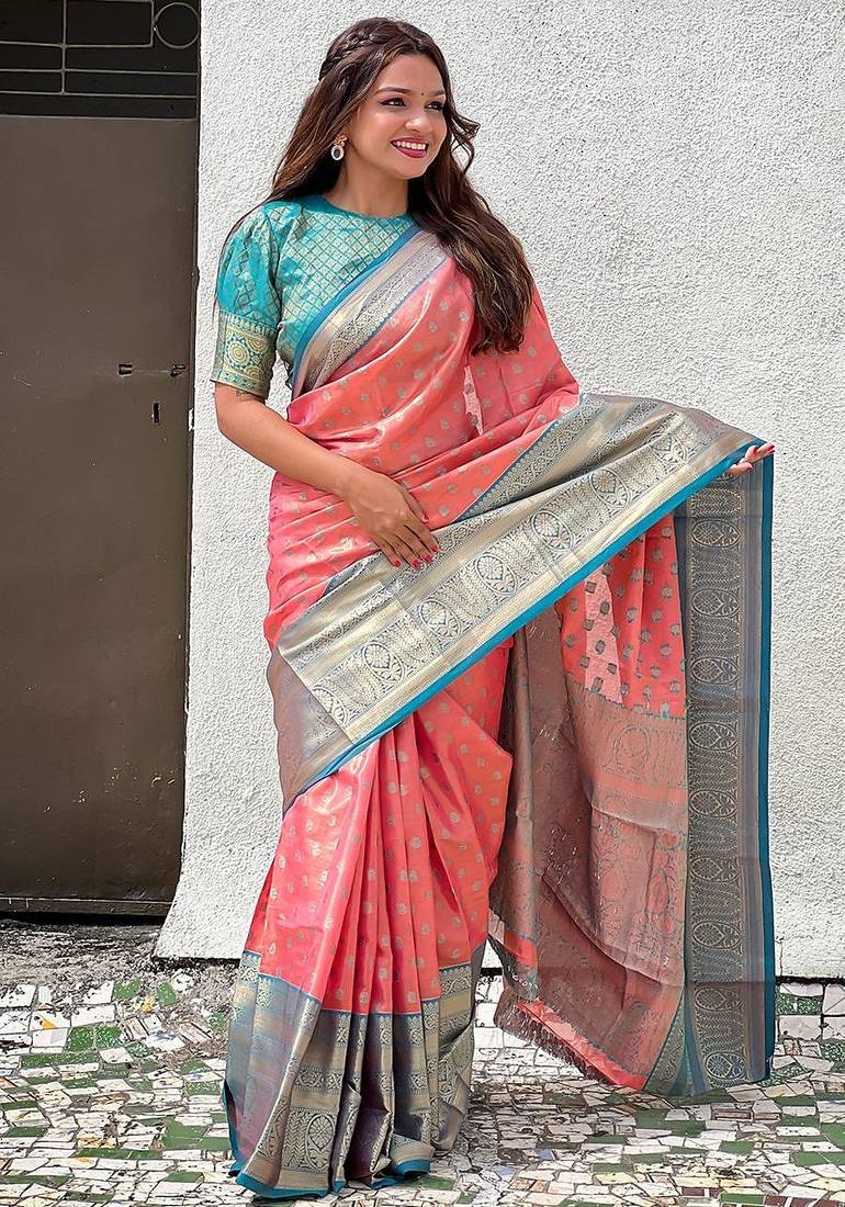 Peach woven design zari silk blend kanjeevaram saree