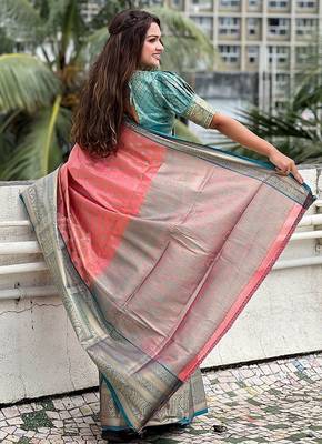 Peach woven design zari silk blend kanjeevaram saree 2
