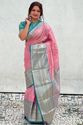 Pink woven design zari silk blend kanjeevaram saree