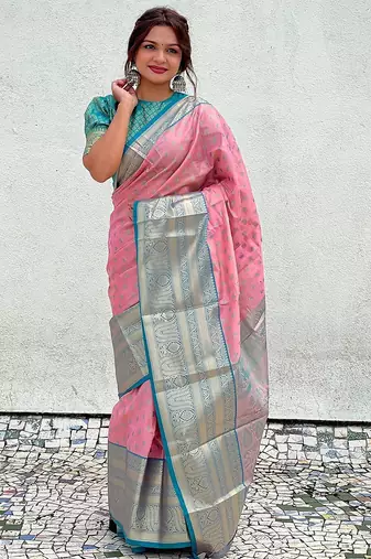 Pink woven design zari silk blend kanjeevaram saree