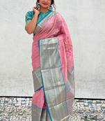 Pink woven design zari silk blend kanjeevaram saree