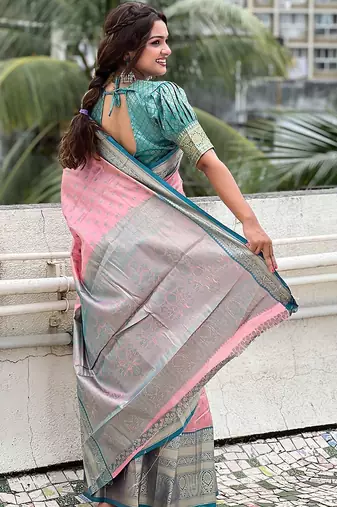 Pink woven design zari silk blend kanjeevaram saree