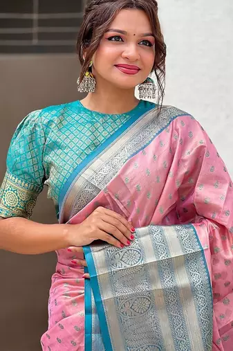 Pink woven design zari silk blend kanjeevaram saree