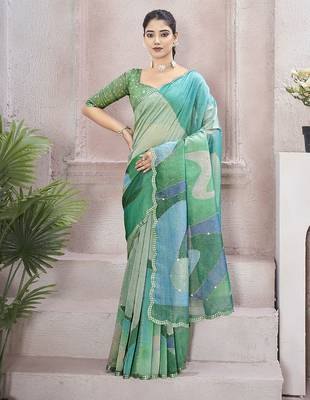 Green beads and stones organza saree 1