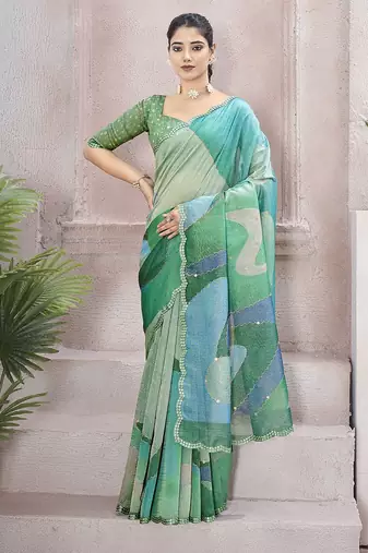 Green beads and stones organza saree