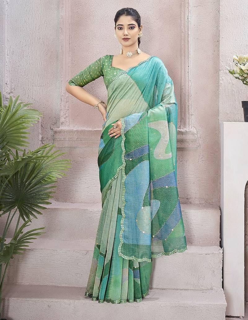 Green beads and stones organza saree