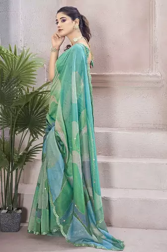 Green beads and stones organza saree