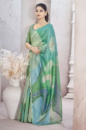 Green beads and stones organza saree