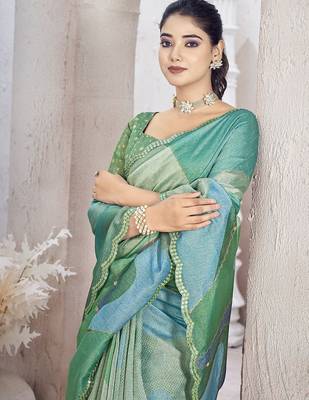 Green beads and stones organza saree 5