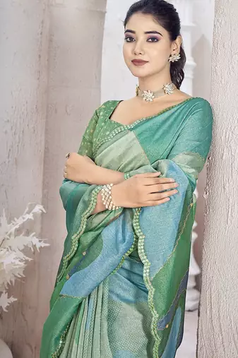 Green beads and stones organza saree