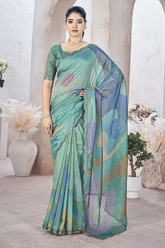 Turquoise abstract printed organza saree