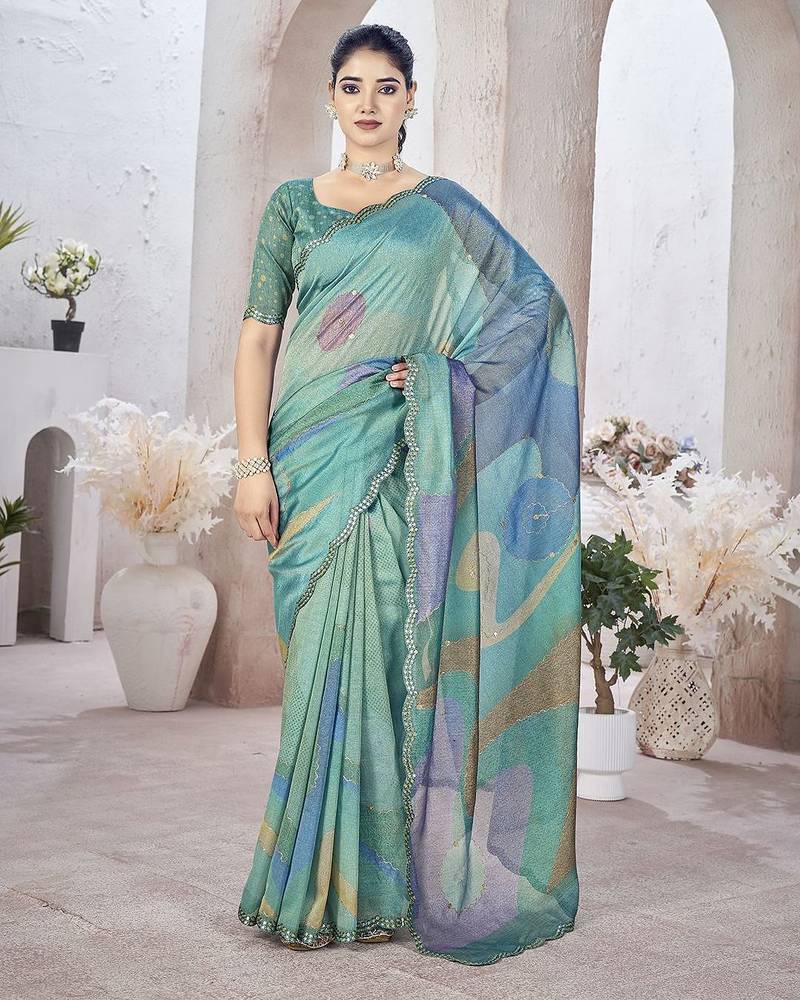 Turquoise abstract printed organza saree