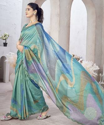 Turquoise abstract printed organza saree 2