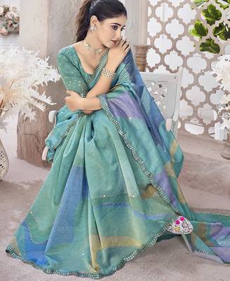 Turquoise abstract printed organza saree 4