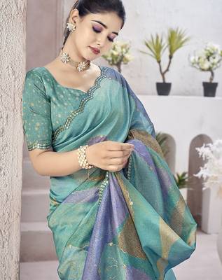 Turquoise abstract printed organza saree 5