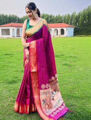 Pink woven design zari paithani saree 1
