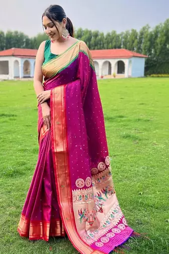 Pink woven design zari paithani saree