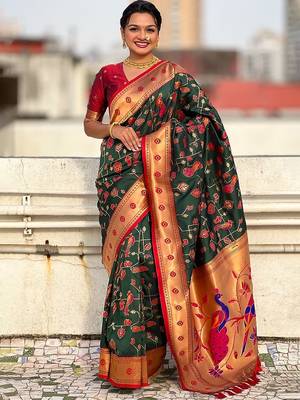 Green ethnic motifs zari silk blend paithani saree 1