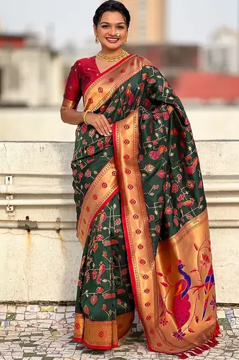 Green ethnic motifs zari silk blend paithani saree