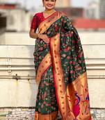 Green ethnic motifs zari silk blend paithani saree