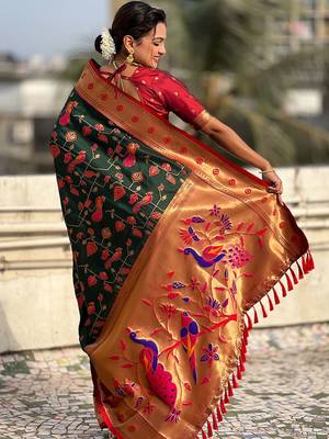 Green ethnic motifs zari silk blend paithani saree 2