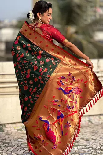 Green ethnic motifs zari silk blend paithani saree