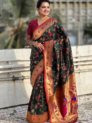 Green ethnic motifs zari silk blend paithani saree 3
