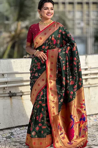 Green ethnic motifs zari silk blend paithani saree