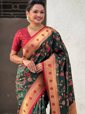 Green ethnic motifs zari silk blend paithani saree 4