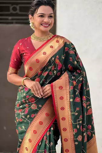 Green ethnic motifs zari silk blend paithani saree