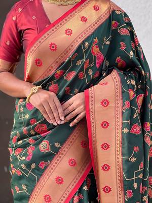 Green ethnic motifs zari silk blend paithani saree 5