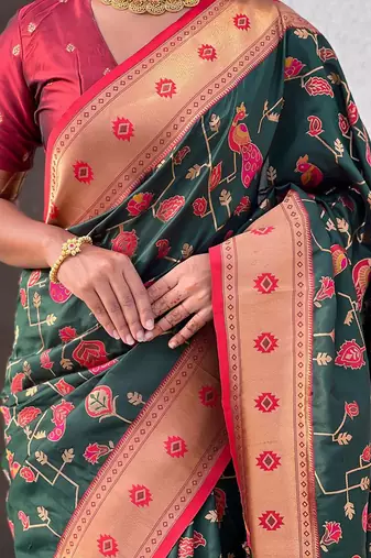 Green ethnic motifs zari silk blend paithani saree