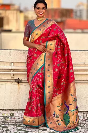 Pink ethnic motifs silk blend paithani saree