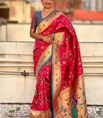Pink ethnic motifs silk blend paithani saree